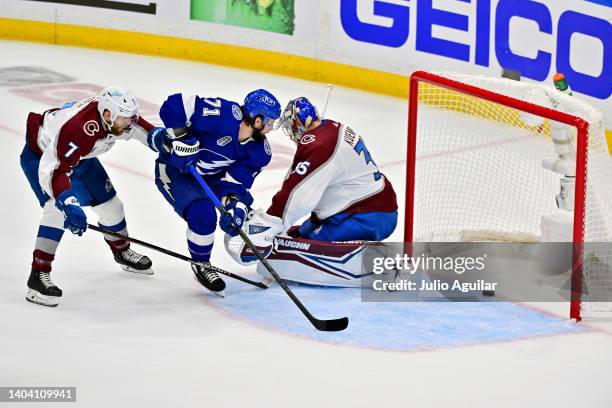Anthony Cirelli of the Tampa Bay Lightning scores a goal against Darcy Kuemper of the Colorado Avalanche during the first period in Game Three of the...