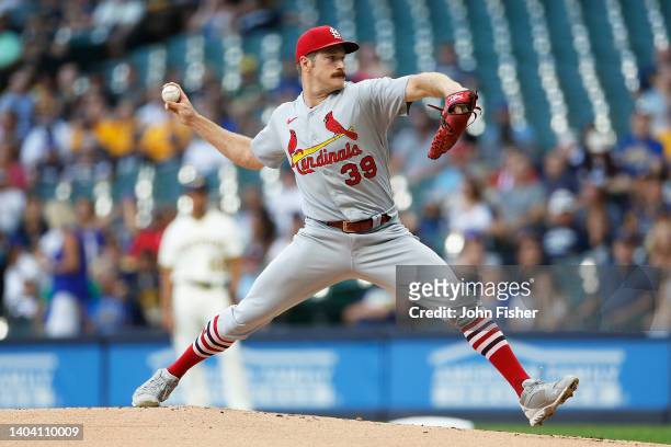Miles Mikolas of the St. Louis Cardinals throws a pitch in the first inning against the Milwaukee Brewers at American Family Field on June 20, 2022...