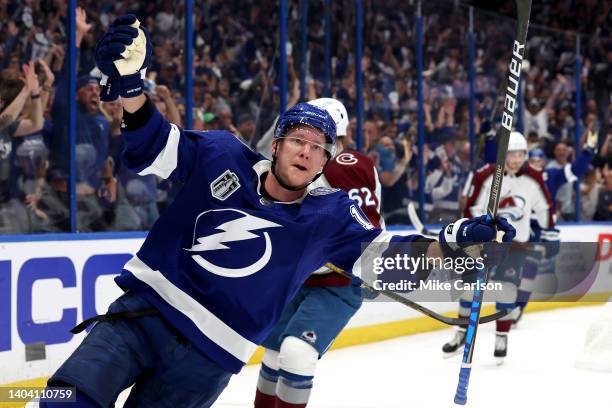 Ondrej Palat of the Tampa Bay Lightning reacts after scoring a goal during the first period against the Colorado Avalanche in Game Three of the 2022...