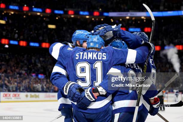 Ondrej Palat of the Tampa Bay Lightning celebrates with teammates after scoring a goal during the first period against the Colorado Avalanche in Game...