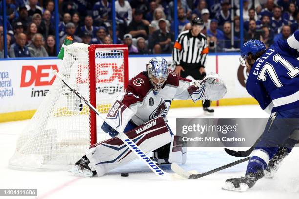 Anthony Cirelli of the Tampa Bay Lightning scores a goal against Darcy Kuemper of the Colorado Avalanche during the first period in Game Three of the...