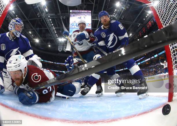 Gabriel Landeskog of the Colorado Avalanche scores a goal against Andrei Vasilevskiy of the Tampa Bay Lightning during the first period in Game Three...