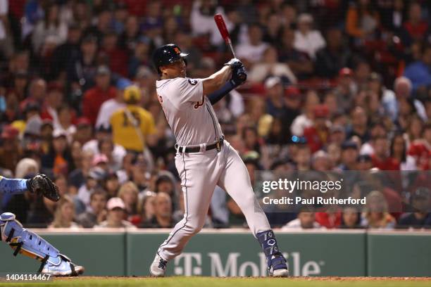 Jonathan Schoop of the Detroit Tigers hits an RBI double during the seventh inning against the Boston Red Sox at Fenway Park on June 20, 2022 in...