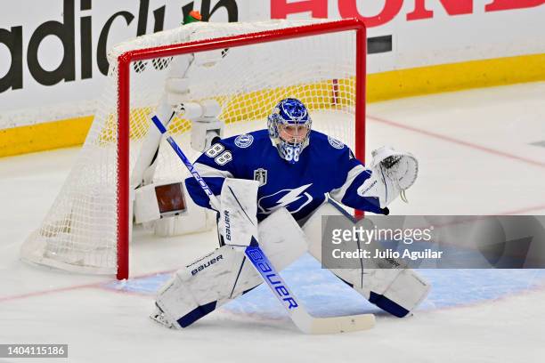 Andrei Vasilevskiy of the Tampa Bay Lightning defends the goal during the first period against the Colorado Avalanche in Game Three of the 2022 NHL...