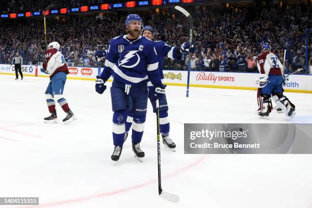 Steven Stamkos of the Tampa Bay Lightning reacts after scoring a goal against Darcy Kuemper of the Colorado Avalanche during the second period in...