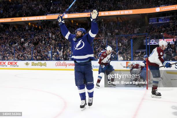 Pat Maroon of the Tampa Bay Lightning celebrates after scoring a goal against Darcy Kuemper of the Colorado Avalanche during the second period in...