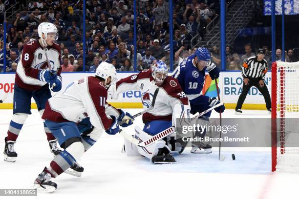 Corey Perry of the Tampa Bay Lightning scores a goal against Pavel Francouz of the Colorado Avalanche during the second period in Game Three of the...