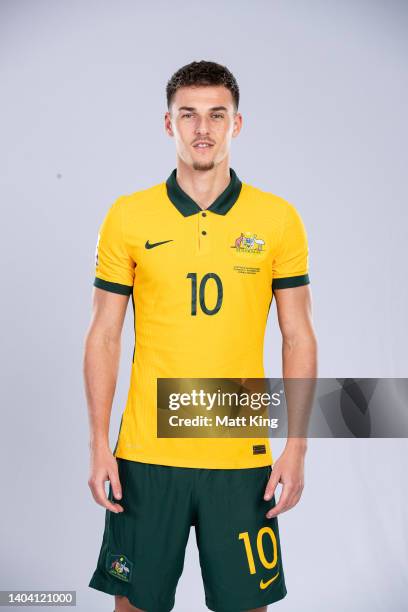 Ajdin Hrustic poses during the Australia Socceroos team headshots session at Park Royal Parramatta Hotel on November 12, 2021 in Sydney, Australia.