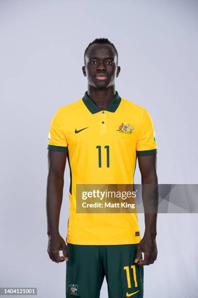 Awer Mabil poses during the Australia Socceroos team headshots session at Park Royal Parramatta Hotel on November 12, 2021 in Sydney, Australia.