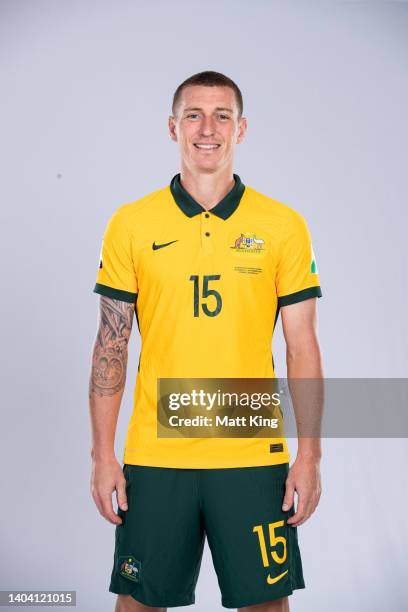 Mitchell Duke poses during the Australia Socceroos team headshots session at Park Royal Parramatta Hotel on November 12, 2021 in Sydney, Australia.