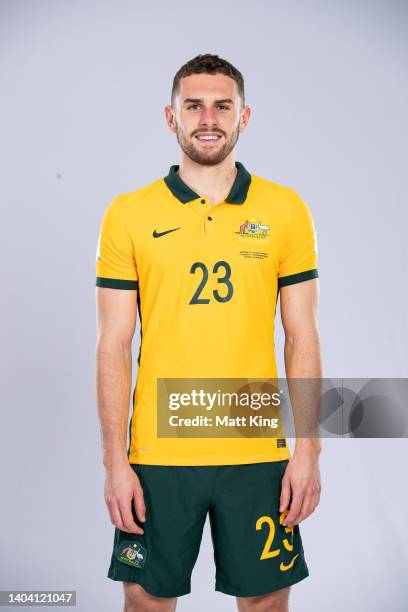 Gianni Stensness poses during the Australia Socceroos team headshots session at Park Royal Parramatta Hotel on November 12, 2021 in Sydney, Australia.