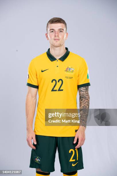 Riley Mcgree poses during the Australia Socceroos team headshots session at Park Royal Parramatta Hotel on November 12, 2021 in Sydney, Australia.