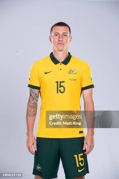 Mitchell Duke poses during the Australia Socceroos team headshots session at Park Royal Parramatta Hotel on November 12, 2021 in Sydney, Australia.