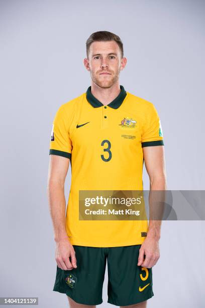 Callum Elder poses during the Australia Socceroos team headshots session at Park Royal Parramatta Hotel on November 12, 2021 in Sydney, Australia.