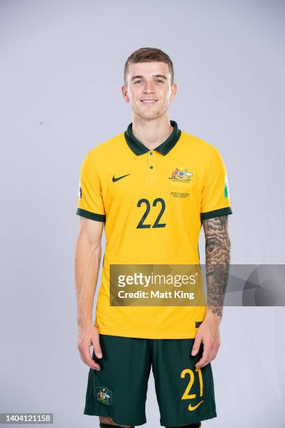 Riley Mcgree poses during the Australia Socceroos team headshots session at Park Royal Parramatta Hotel on November 12, 2021 in Sydney, Australia.