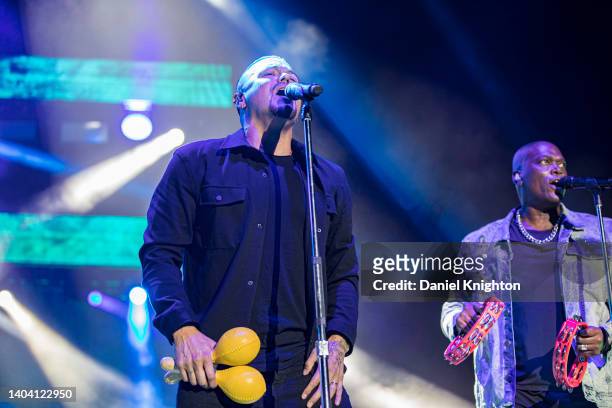 Vocalists Andy Vargas and Ray Greene of Santana perform on stage at North Island Credit Union Amphitheatre on June 17, 2022 in Chula Vista,...