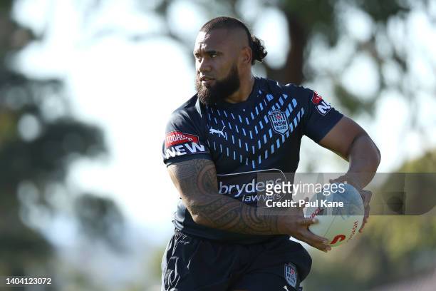 Junior Paulo in action during a New South Wales Blues State of Origin training session at Hale School on June 21, 2022 in Perth, Australia.