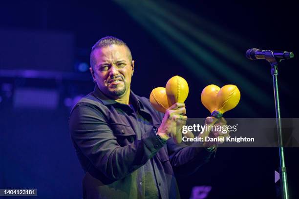 Vocalist Andy Vargas of Santana performs on stage at North Island Credit Union Amphitheatre on June 17, 2022 in Chula Vista, California.