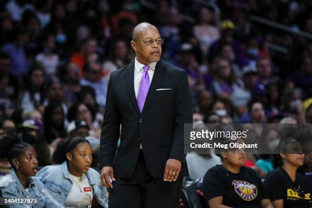 Interim head coach Fred Williams of the Los Angeles Sparks looks on during the game against the Las Vegas Aces at Crypto.com Arena on June 11, 2022...