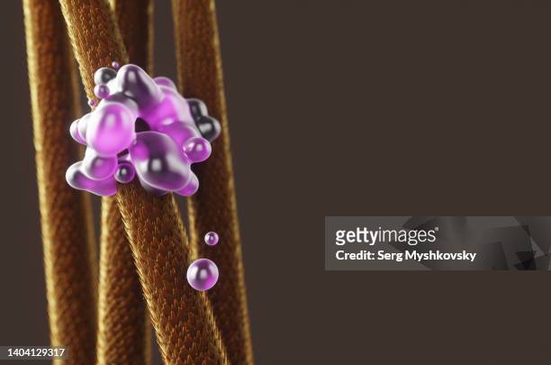 close-up of the cuticle of a human hair with a drug. 3d render illustration. - fusto del pelo foto e immagini stock
