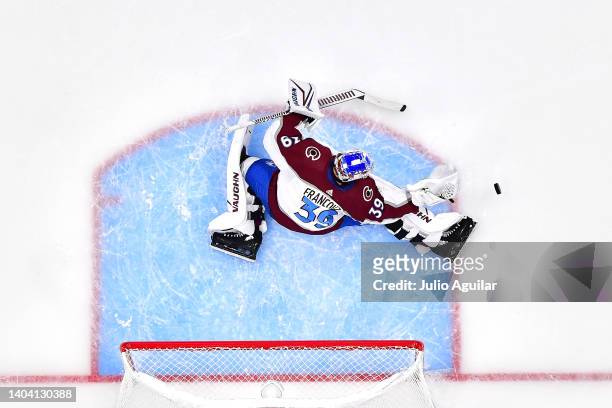 Pavel Francouz of the Colorado Avalanche makes a save against the Tampa Bay Lightning during the second period in Game Three of the 2022 NHL Stanley...