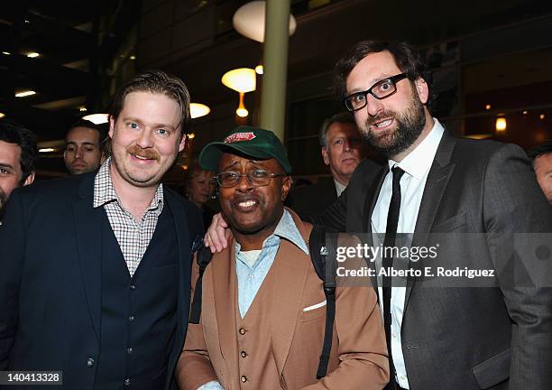 Actors Tim Heidecker, David Hart and Eric Wareheim arrive to 'Tim And Eric'$ Billion Dollar Movie' Los Angeles Premiere at ArcLight Hollywood on...