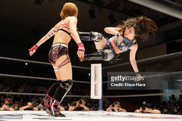 Hina and Mai Sakurai compete during the Women's Pro-wrestling 'Stardom' at Korakuen Hall on June 05, 2022 in Tokyo, Japan.