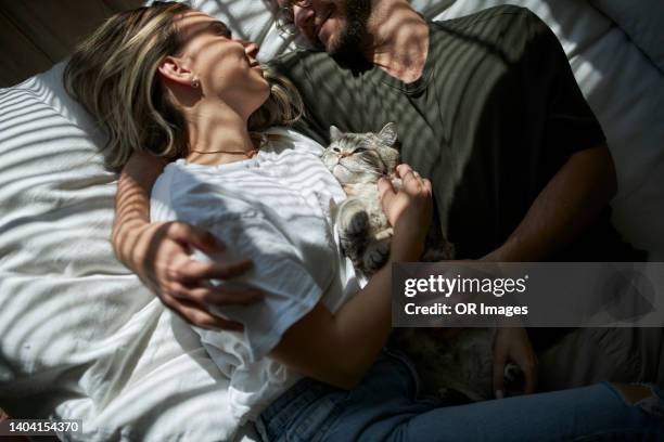 young couple lying on bed with a cat - haustierbesitzer stock-fotos und bilder