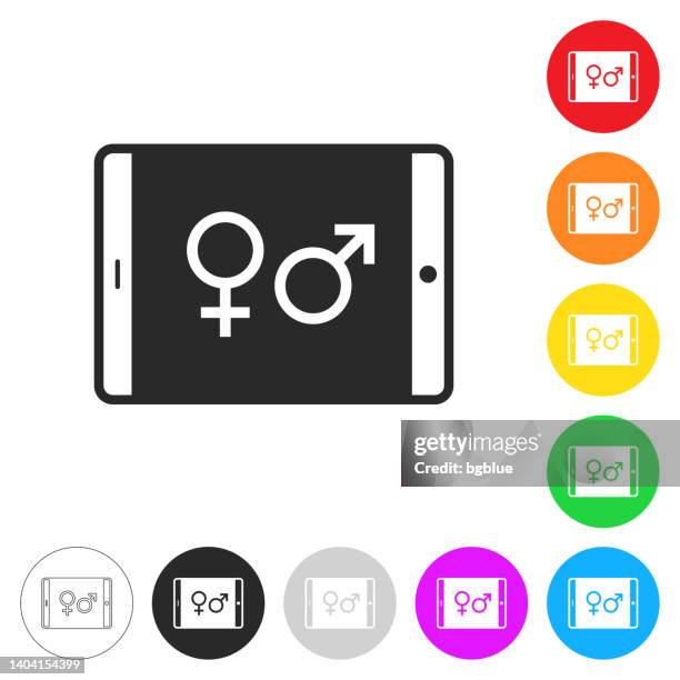 tablet pc with gender symbols. icon on colorful buttons - couple using digital tablet stock illustrations