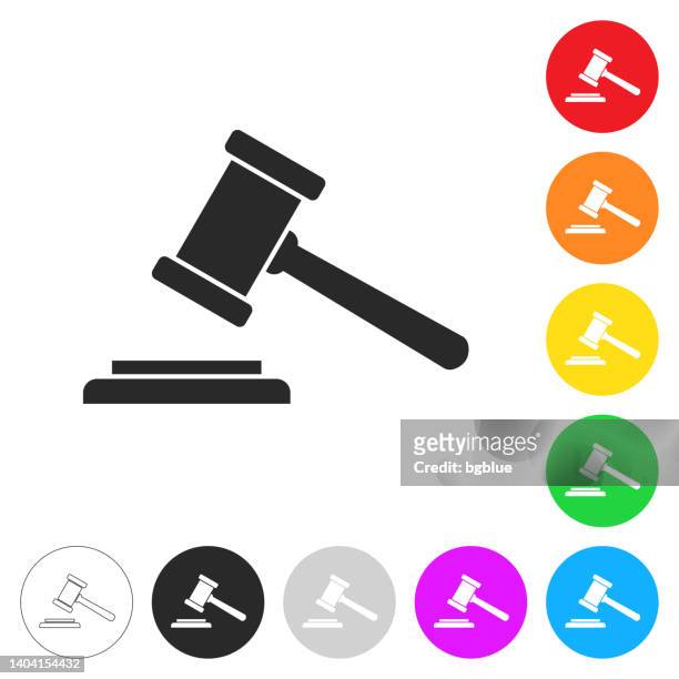 judge gavel. icon on colorful buttons - judge vector stock illustrations