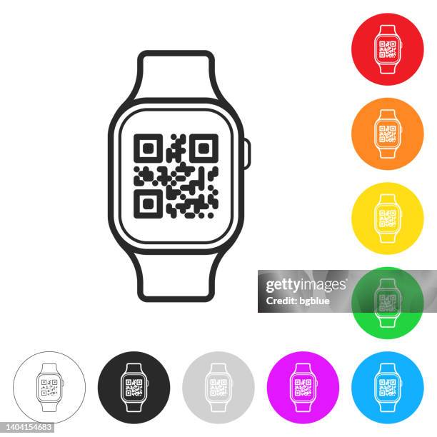 smartwatch with qr code. icon on colorful buttons - reading label stock illustrations