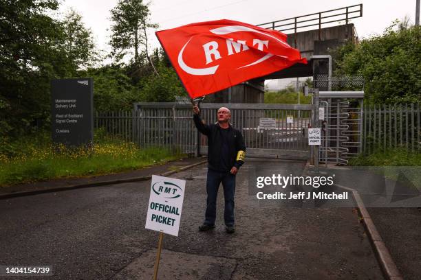 Striking sail staff picket outside Cowlairs maintenance depot and signal centre on June 21, 2022 in Glasgow, Scotland. The biggest rail strikes in 30...