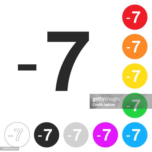 -7, minus seven. icon on colorful buttons - algebra stock illustrations