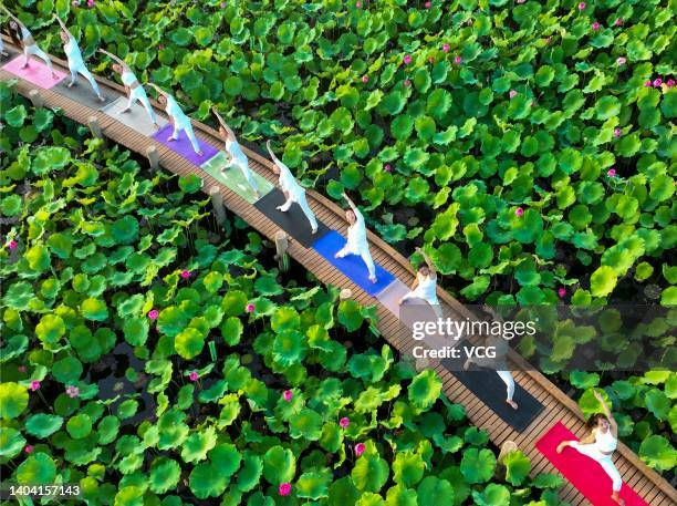 Aerial view of women practicing yoga on a footpath above a lotus pond on June 21, 2022 in Taizhou, Jiangsu Province of China. The International Day...