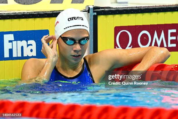 Boglarka Kapas of Team Hungary reacts after competing in the Women's 200m Butterfly Heats on day four of the Budapest 2022 FINA World Championships...