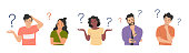 Different young women and men surrounded by a question mark. Flat style cartoon vector illustration.