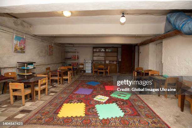 Study room is prepared in case of shelling in a shelter of a preschool on June 1, 2022 in Kyiv, Ukraine. Almost 400 children out of 100 who were...