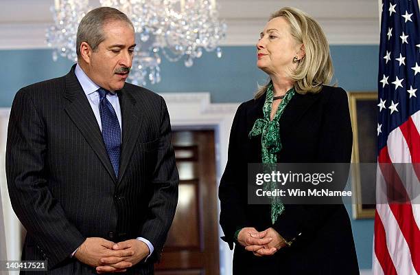 Secretary of State Hillary Clinton makes brief remarks with Jordanian Foreign Minister Nasser Judeh at the State Department March 2, 2012 in...