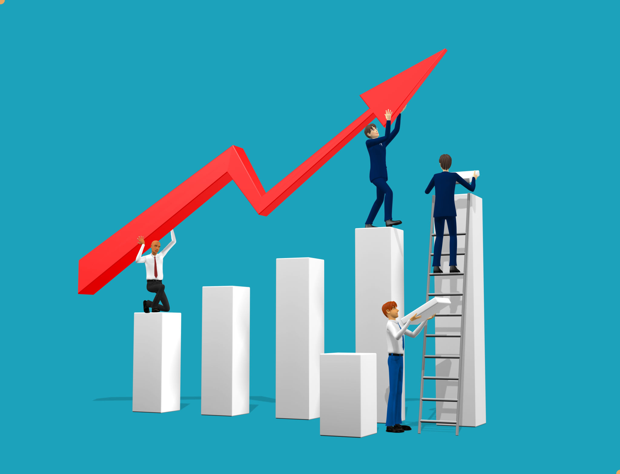 4 men took the red arrow on the white stripes from the power of unity.3d render 4 men took the red arrow on the white stripes from the power of unity.3d render