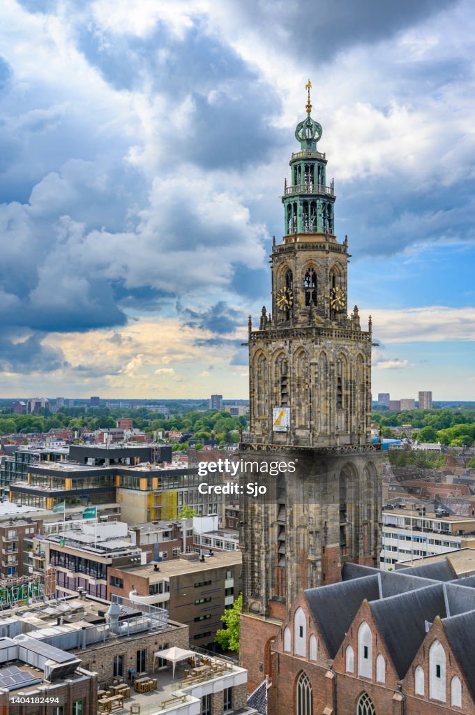 Groningen Martini Tower city skyline panoramic view with a dramatic sky above