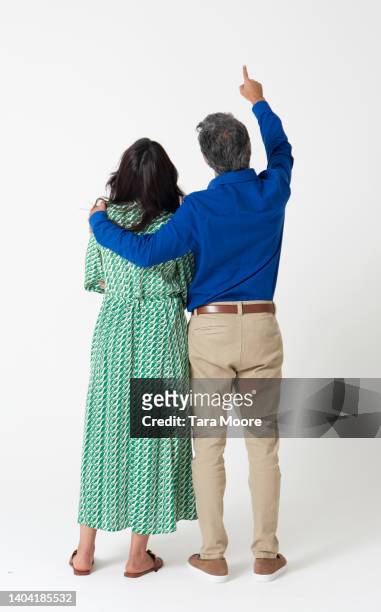 rear view of two people - couple pointing imagens e fotografias de stock