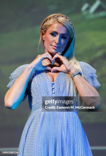 Paris Hilton poses on stage during The NFT Revolution and What It Means For Brands at the Debussy Theatre, Cannes Lions 2022: Day One on June 20,...