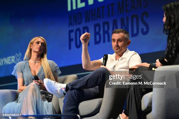 Paris Hilton speaks with Gary Vaynerchuk, Swan Sit on stage during The NFT Revolution and What It Means For Brands at the Debussy Theatre, Cannes...