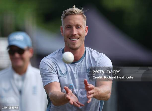 Luke Wood during an England nets session at VRA Cricket Ground on June 21, 2022 in Amstelveen, Netherlands.