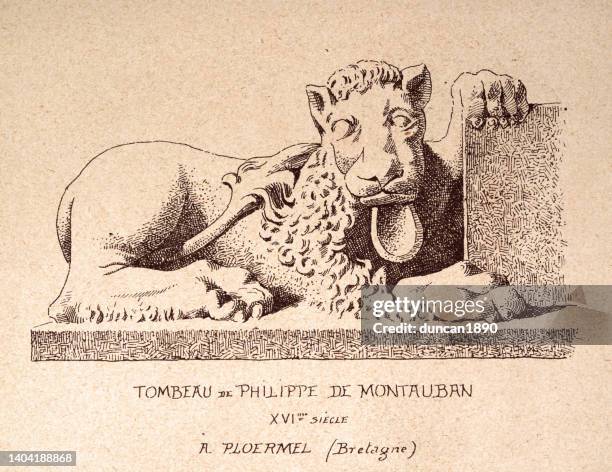 lion statue from the tomb of philippe de montauban, 16th century, vintage art print - lion statue stock illustrations