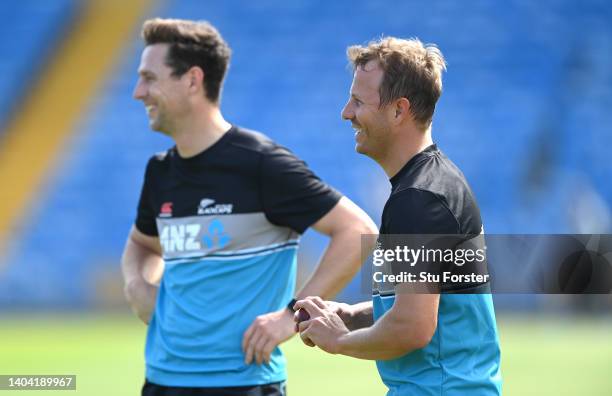 New Zealand bowlers Matt Henry and Neil Wagner in conversation during nets ahead of the third Test Match between England and New Zealand at...