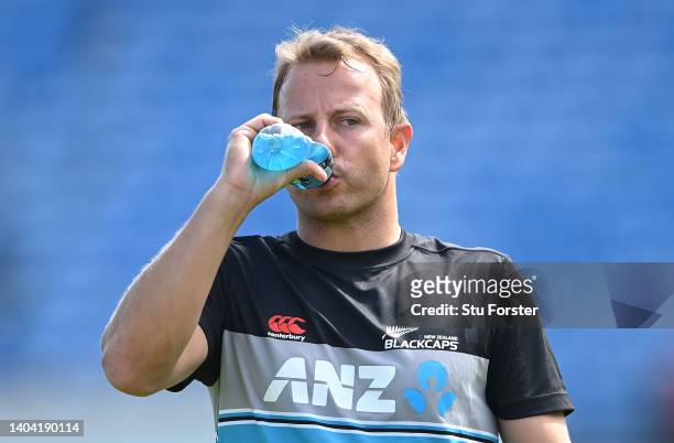New Zealand bowler Neil Wagner takes on drink during nets ahead of the third Test Match between England and New Zealand at Headingley on June 21,...