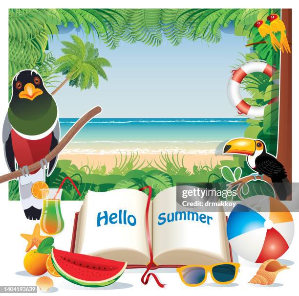 hello summer and tropical beach - hello summer stock illustrations