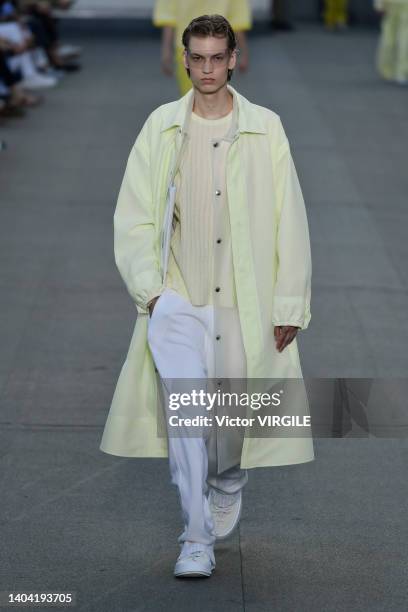 Model walks the runway during the Zegna Ready to Wear Spring/Summer 2023 fashion show as part of the Milan Men Fashion Week on June 20, 2022 in...