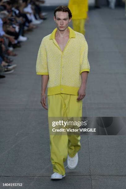 Model walks the runway during the Zegna Ready to Wear Spring/Summer 2023 fashion show as part of the Milan Men Fashion Week on June 20, 2022 in...